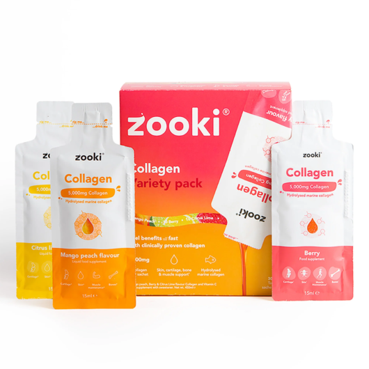 Zooki Marine Collagen Variety Pack - 10x15ml 5,000mg Mango Peach Flavour Liquid Sachets/ 10x15ml 5,000mg Citrus Lime Flavour Liquid Sachets/ 10x15ml 5,000mg Berry Flavour Liquid Sachets